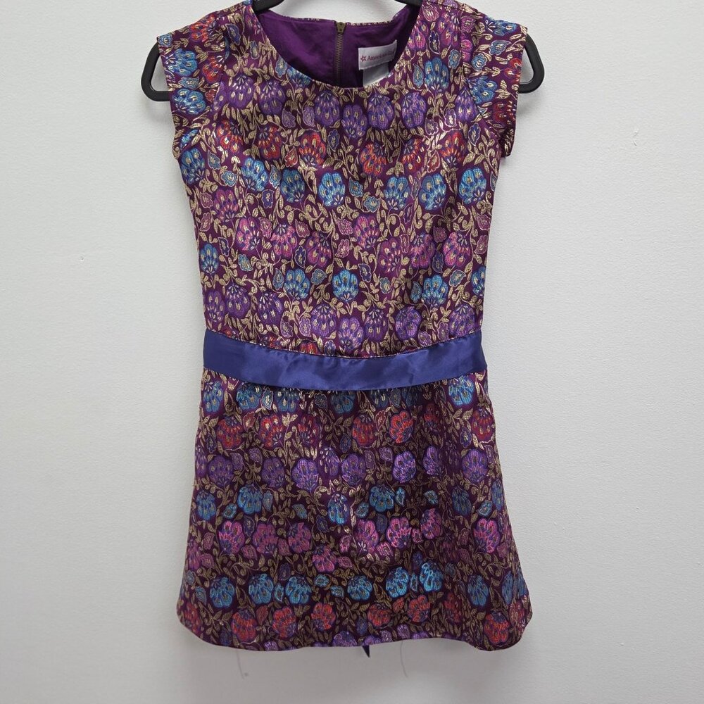 American Girl Size 10 Purple Metallic Brocade Dress Blue Satin Waist Tie. 2914